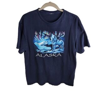 Alaska Wolf Northern Lights‎ Glow Graphic T-Shirt Navy Blue Adult M/L